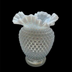 Vintage 1940’s Fenton French Opalescent Hobnail Vase with Double Ruffle Rim
